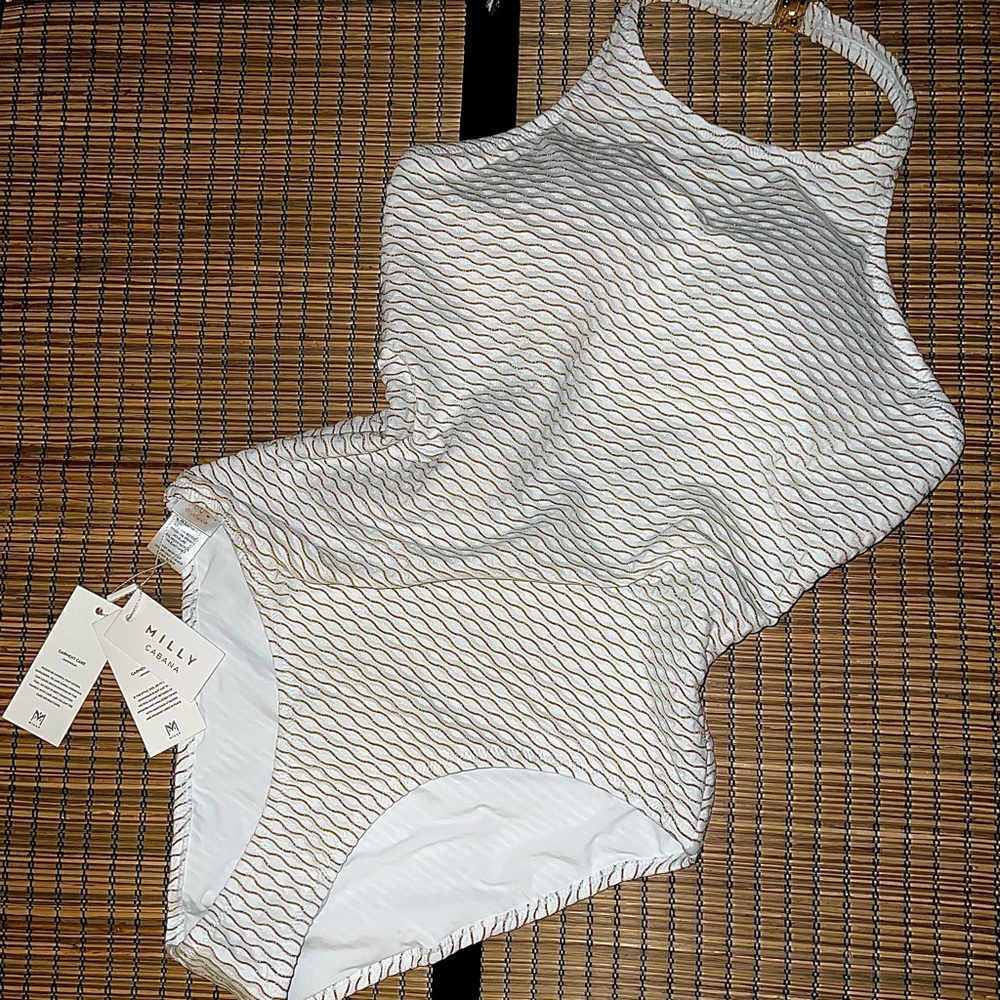 Milly Jackie Textured Waves Halter One Piece Swimsuit - L - White/Gold
